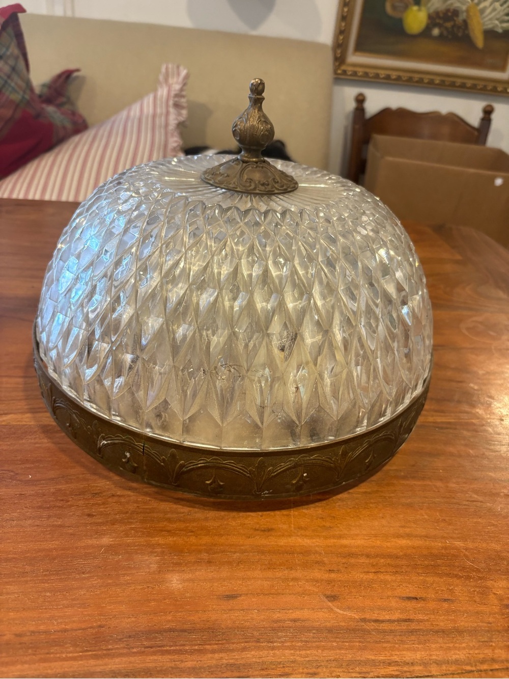 Vintage Glass Dome Ceiling Fixture in Frosted Clear with Brass Trim